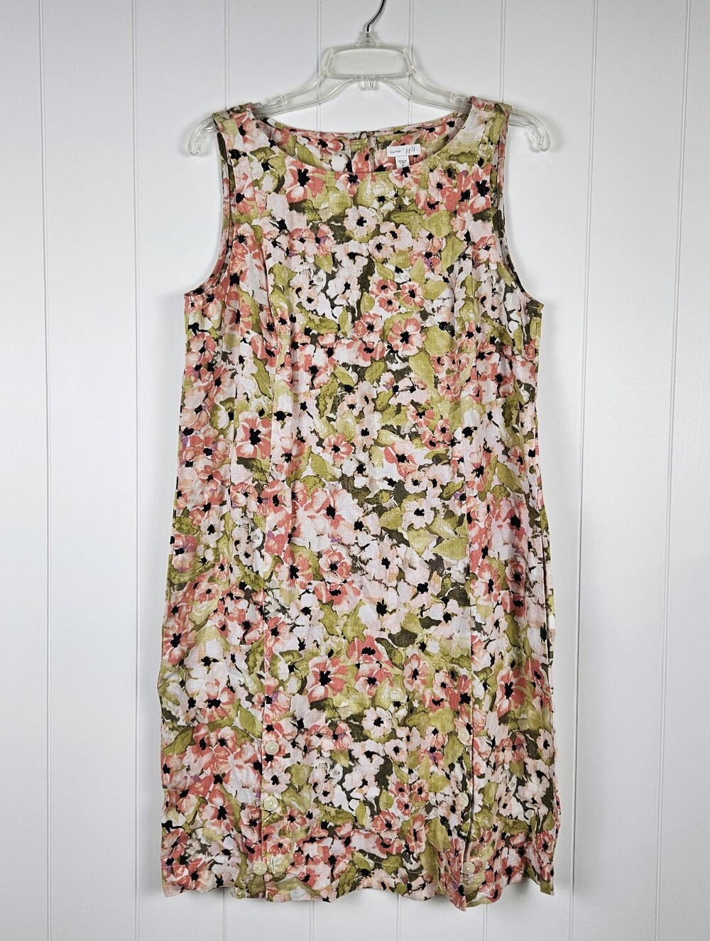 J Jill Linen Shift Dress Floral Sleeveless Pockets Watercolor Womens M Coastal